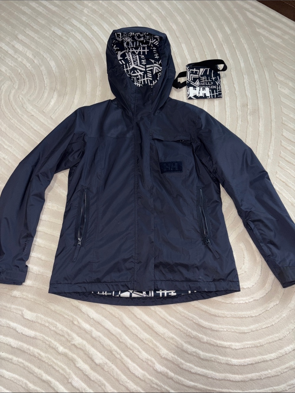 Helly Hansen Dark Navy Hooded Rain Jacket with Patterned Lining